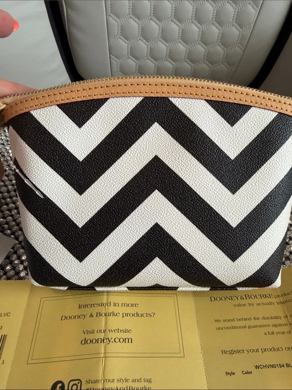 Dooney & Bourke Black White Chevron Pouch with Tan Trim